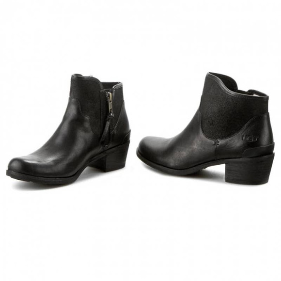 UGG Penelope Ankle Boots Black Suede Leather Size 8 Bootie Sherpa Lined - Picture 2 of 13